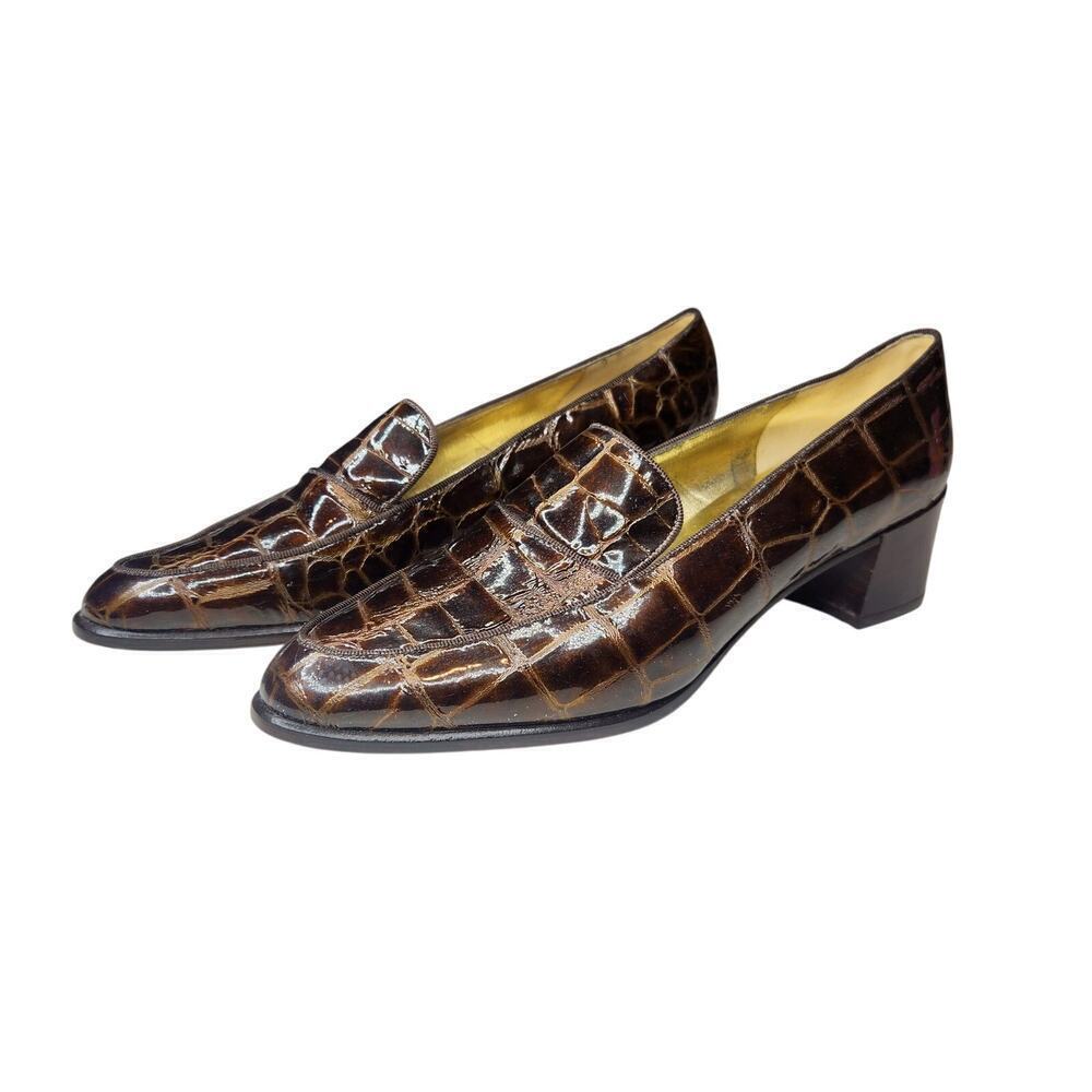 Valentina Rangoni Loafers 9B Brown Croc Embossed Leather Block Heel